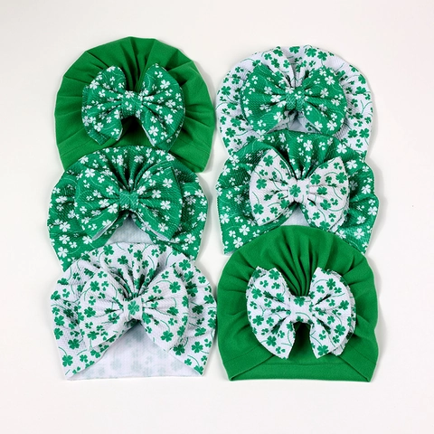 Cappello a Turbante per Neonati per San Patrizio Grande Fiocco Trifoglio Stampato Berretto Morbido a Nido d'Ape Avvolgi Testa Neonato Accessorio Irlandese