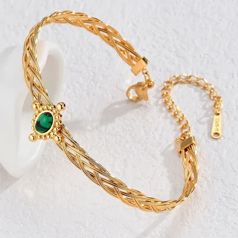 Bracciale Rigido in Acciaio Inossidabile Vintage Intrecciato da Donna Placcato Oro Pendente Ovale in Stile Malachite Verde