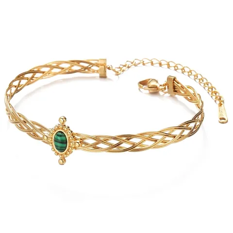 Bracciale Rigido in Acciaio Inossidabile Vintage Intrecciato da Donna Placcato Oro Pendente Ovale in Stile Malachite Verde