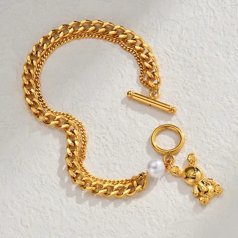 Fashion Double Layer Stainless Steel Bracelet For Women Artificial Pearl Golden Bear Pendant OT Toggle Clasp Hand Jewelry