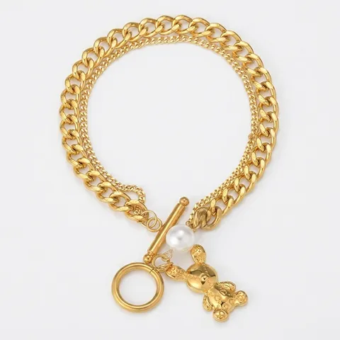 Fashion Double Layer Stainless Steel Bracelet For Women Artificial Pearl Golden Bear Pendant OT Toggle Clasp Hand Jewelry