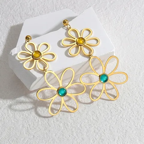 Stainless Steel Hollow Flower Drop Earrings For Women Gold Plated Double Layer Daisy Dangle Earrings With Rhinestones