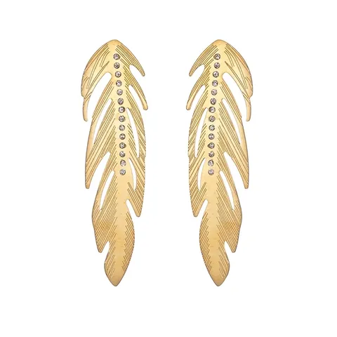 Fashion Stainless Steel Feather Dangle Earrings For Women Gold Plated Long Rhinestone Inlaid Drop Earrings Jewelry Gift