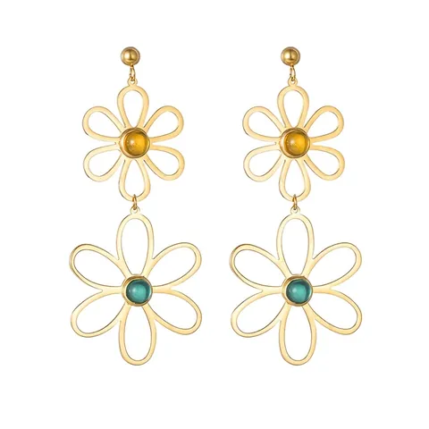 Stainless Steel Hollow Flower Drop Earrings For Women Gold Plated Double Layer Daisy Dangle Earrings With Rhinestones