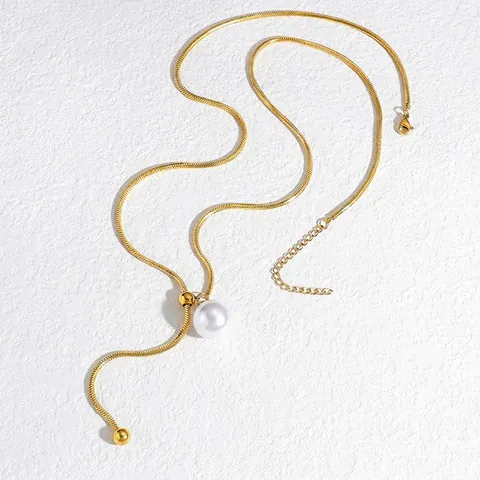 Elegante Collana in Acciaio Inossidabile con Perla Artificiale e Nappa per Donna Catena a Serpente Oro Minimalista a Forma di Y