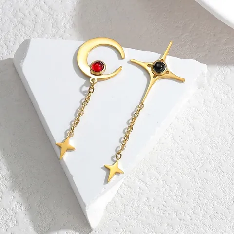Vintage Asymmetric Moon Star Tassel Dangle Earrings For Women Gold Stainless Steel Geometric Rhinestone Drop Jewelry Gift
