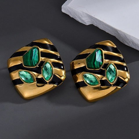 Orecchini a Bottone Quadrati Asimmetrici in Acciaio Inossidabile Vintage Oro Verde Strass Smalto Gioielli da Festa Donna Regalo