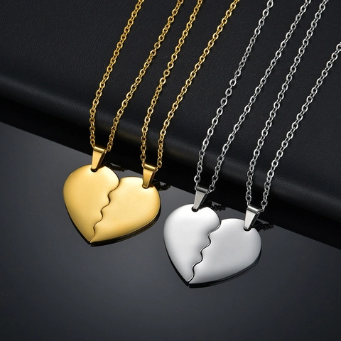 Stainless Steel Heart Pendant Couple Necklace Set Polished Split Heart Matching Chains For Lovers Women Men Jewelry Gift