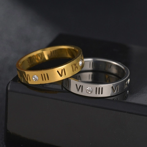Minimalist Stainless Steel Roman Numeral Ring For Women Fashion Hollow Zirconia Inlaid Gold Silver Jewelry For Daily Wear