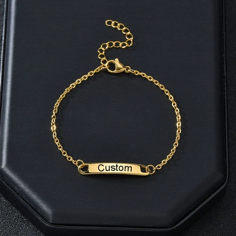 Minimalist Stainless Steel Curved Bar Bracelet Customizable Engravable ID Tag Adjustable Link Chain For Women Jewelry