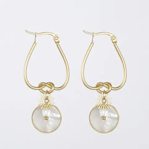 Women Stainless Steel 14K Gold Plated Mother Of Pearl Disc Sunburst Drop Earrings Elegant Geometric Jewelry For Daily Gift