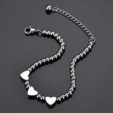 Moda Bracciale in Acciaio Inossidabile con Perle Tonde e Ciondolo a Cuore Catena Regolabile Minimalista Gioielli da Donna Argento