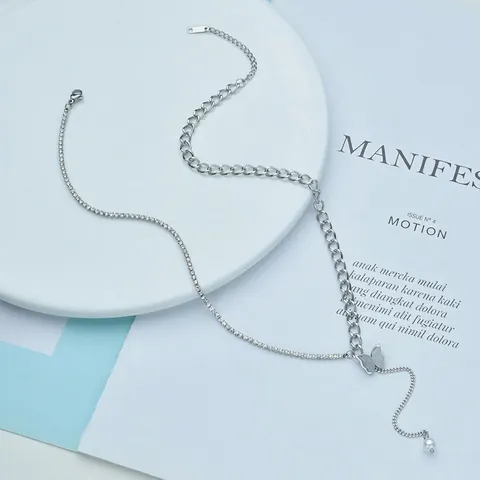 Edelstahl Schmetterling Quaste Anhänger Halskette Asymmetrische Mesh Kette Künstliche Perle Strass Halskette Für Damen