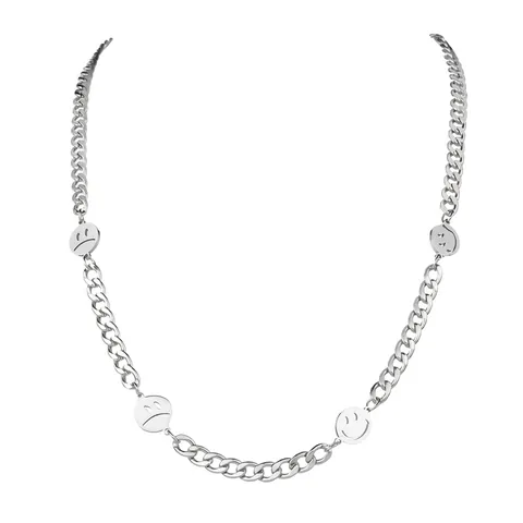 Minimalist Stainless Steel Smile Face Pendant Necklace Hip Hop Cuban Chain Streetwear Jewelry For Men Women Daily Accessory