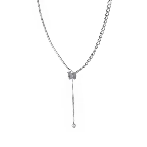Edelstahl Schmetterling Quaste Anhänger Halskette Asymmetrische Mesh Kette Künstliche Perle Strass Halskette Für Damen