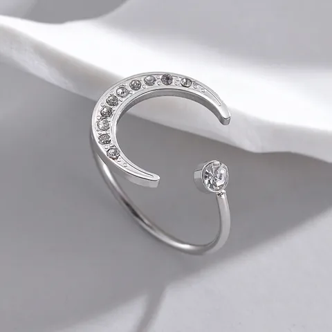 Anillo Abierto de Luna de Circón de Acero Inoxidable Minimalista Ajustable Plata Strass Incrustado Joyería de Moda Mujer