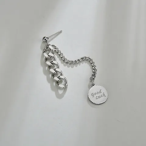 Stainless Steel Long Drop Earrings Good Luck Round Pendant Curb Chain Tassel Ear Jewelry For Women Minimalist Fashion