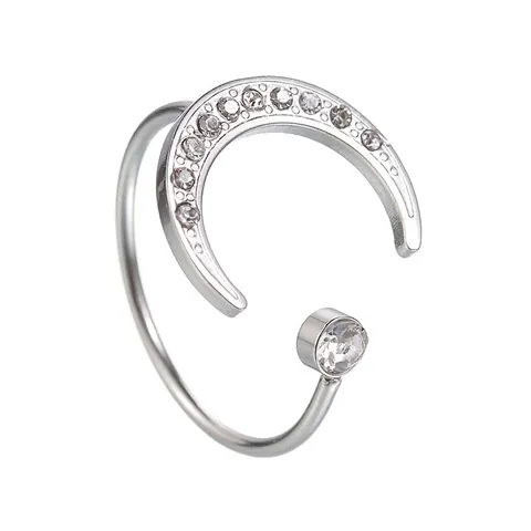Anillo Abierto de Luna de Circón de Acero Inoxidable Minimalista Ajustable Plata Strass Incrustado Joyería de Moda Mujer