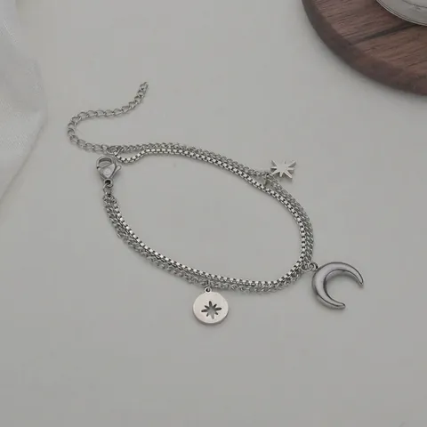 Minimalistisches Doppellagiges Mond Stern Edelstahl Armband Poliert Silberton Himmlischer Schmuck Für Damen Alltag