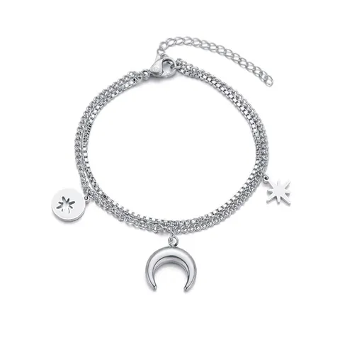Minimalistisches Doppellagiges Mond Stern Edelstahl Armband Poliert Silberton Himmlischer Schmuck Für Damen Alltag