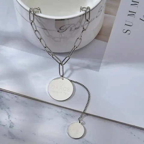 Collana a Y Minimalista in Acciaio Inossidabile Con Doppio Pendente Rotondo Catena a Graffetta e Nappa per Donna Gioielli
