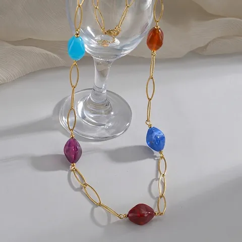 Collana con Perline Colorate Geometriche in Acciaio Inossidabile per Donna Catena d'Oro Elegante Boema Collana a Girocollo con Perle Artificiali