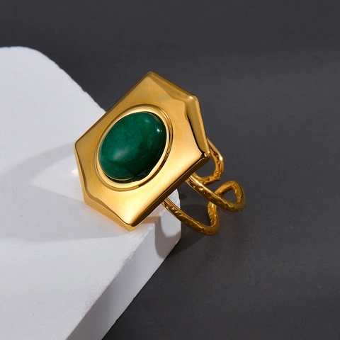 Anello Aperto Vintage Geometrico Ovale con Pietra Verde Placcato Oro 18K Acciaio Inossidabile Regolabile Gioielli Lusso Donna Regalo