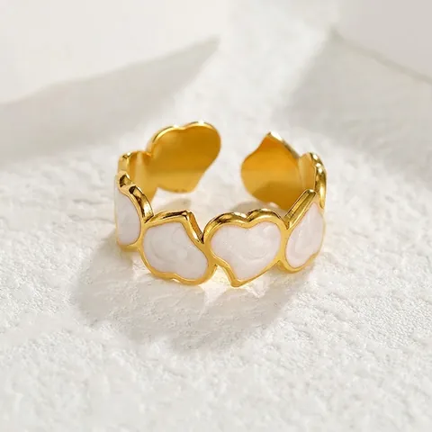 Anello Aperto Vintage in Acciaio Inossidabile con Cuore Splicing Per Donna Placcato Oro Smalto Bianco Regolabile Gioielli di Moda
