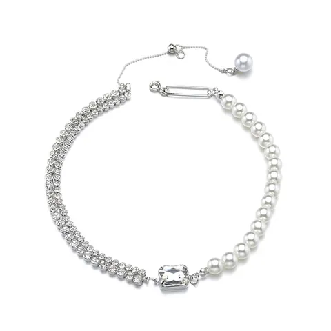 Damen Eleganz Asymmetrisch Legierung Künstliche Perle Strass Anhänger Halskette Mode Vielseitig Schmuck Choker