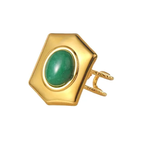 Anello Aperto Vintage Geometrico Ovale con Pietra Verde Placcato Oro 18K Acciaio Inossidabile Regolabile Gioielli Lusso Donna Regalo