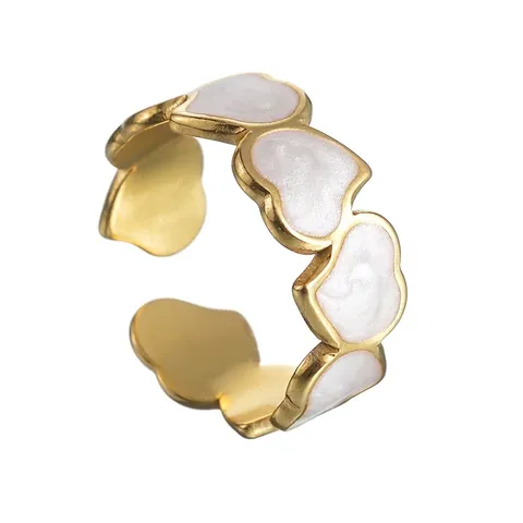 Anello Aperto Vintage in Acciaio Inossidabile con Cuore Splicing Per Donna Placcato Oro Smalto Bianco Regolabile Gioielli di Moda