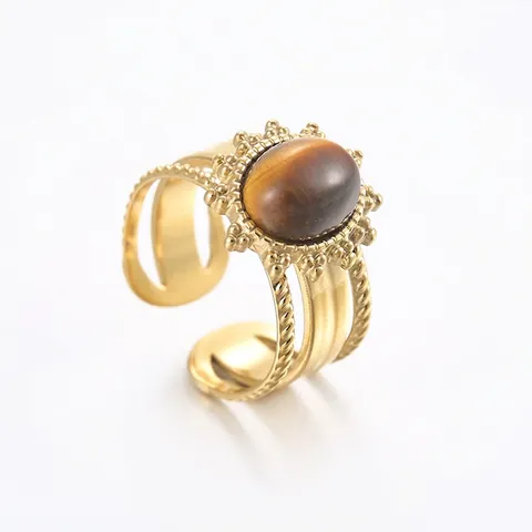 Anello Aperto in Acciaio Inossidabile con Occhio di Tigre Ovale Vintage Francese Elegante Oro 14K Regolabile Gioiello Donna