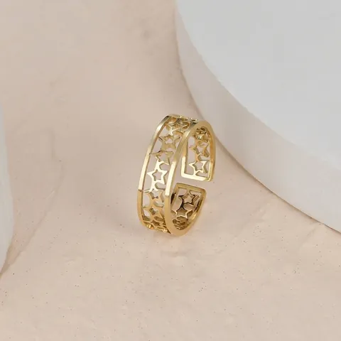 Anillo de Acero Inoxidable con Estrella Calada Chapado en Oro de 18K Abierto Ajustable Anillos de Estrella para Mujer