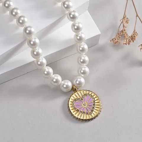 Collana di Künstliche Perle Rétro Francese in Acciaio Inossidabile Placcato Oro Ciondolo a Cuore in Smalto Per Donna Gioielli Eleganti per Feste