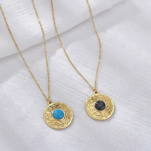 Vintage Bohemian Stainless Steel Round Medallion Pendant Necklace Turquoise Inlay Retro Ethnic Gold Plated Jewelry For Women Party