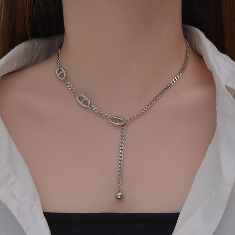 Collar Minimalista de Acero Inoxidable Con Hebilla de Nariz de Cerdo Colgante en Y Vintage Con Cuenta Redonda para Mujer
