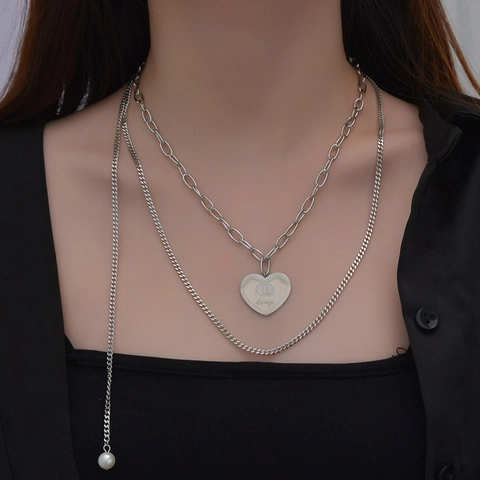 Collar de Acero Inoxidable con Colgante de Corazón en Capas para Mujer Perla Artificial Accesorio de Joyería de Moda