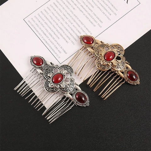 Vintage Ethnisch Legierung Haarkamm Mit Roter Strass Ausschnitt Design Retro Gold Silber Galvanisiert Haarschmuck Für Damen