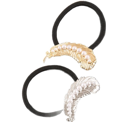 Vintage Alloy Feather Hair Ties For Women Artificial Pearl Elastic Hair Bands Gold Silver Scrunchies Hair Accessories