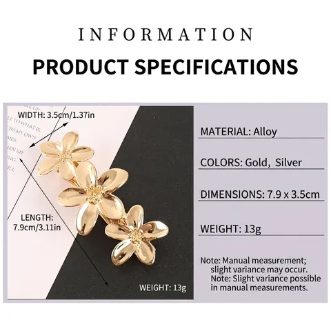 Elegante Fermaglio per Capelli in Metallo con Triplo Fiore Lega Floreale Barretta Finitura a Specchio Oro Argento Gioielli Capelli