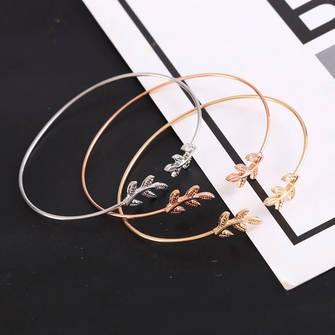 Women Fashion Alloy Adjustable Open Bangle Set Leaf Feather Evil Eye Hamsa Hand Rhinestone Inlaid Metal Cuff Bracelet