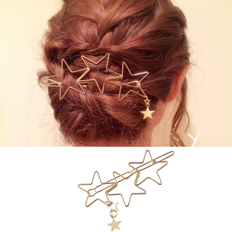 Barrette en Alliage de Pentagramme Étoile Ajourée Mode Accessoire Cheveux Femme Élégante avec Pendentifs