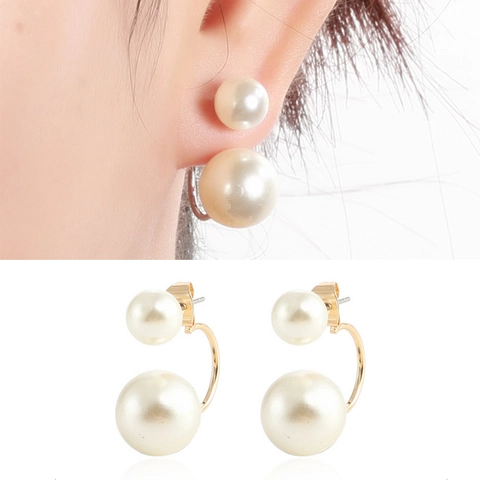 Pendientes de Botón de Perla Artificial Doble Elegantes Aleación Galvanizada Oro Plata Pendientes de Dos Caras Delante Atrás para Mujer Joyería