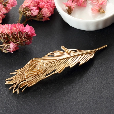 Pince à Cheveux Plume en Alliage à la Mode pour Femmes Élégant Cœur Découpé Poli Or Argent Métal Accessoires de Coiffure