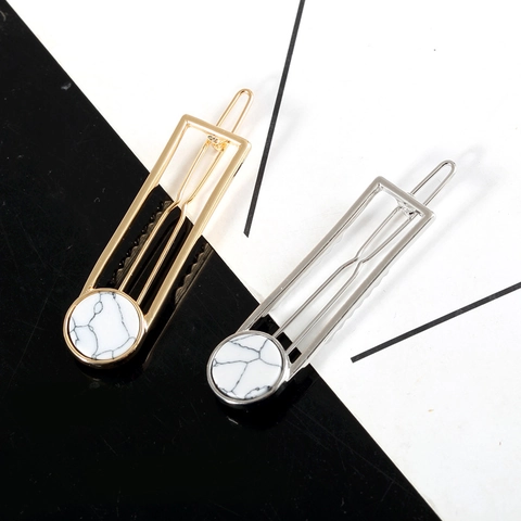 Modern Minimalistisch Geometrisch Hohl Rechteck Metall Haarspange Für Damen Legierung Haarnadel Mit Marmormuster Harz Seitenclip Schmuck