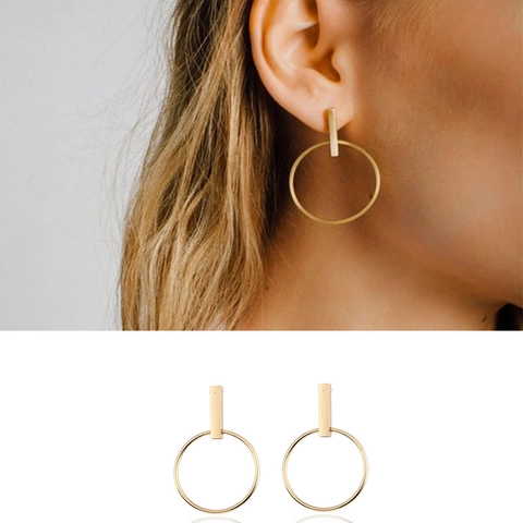 Pendientes de Botón Geométricos Minimalistas Con Barra Rectangular y Aro Circular Grande para Mujer de Aleación Chapada Joyería de Moda