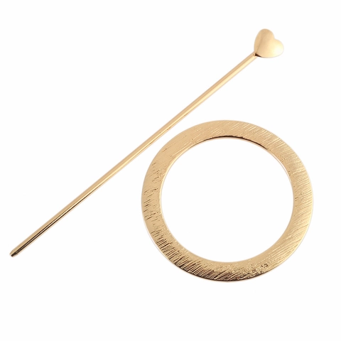 Retro Alloy Heart Artificial Pearl Hair Stick With Brushed Metal Round Ring For Women Vintage Gold Silver Hair Accessory