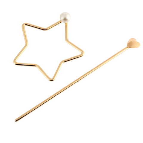 Bastoncino per Capelli in Metallo Vintage a Forma di Stella e Cuore Con Perla Artificiale Minimalista Oro Argento Galvanizzato Accessorio Moda Donna