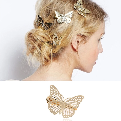 Pinza para el Cabello Mariposa Calada Aleación Metal Oro Plata Clip Lateral para Mujer Moda Boda Fiesta Accesorios