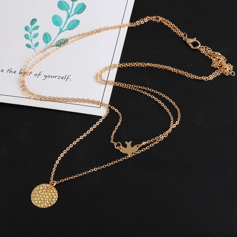 Boheemse Dubbellaagse Legering Ketting Voor Vrouwen Goud Zilver Vogel Gehamerd Rond Hanger Multi Layer Ketting Mode Sieraden